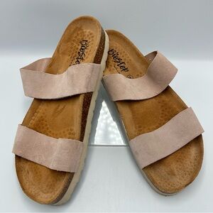 Biostep Beige Tan 2 Strap Slide Sandal Suede Cork Footbed Womens Size 9